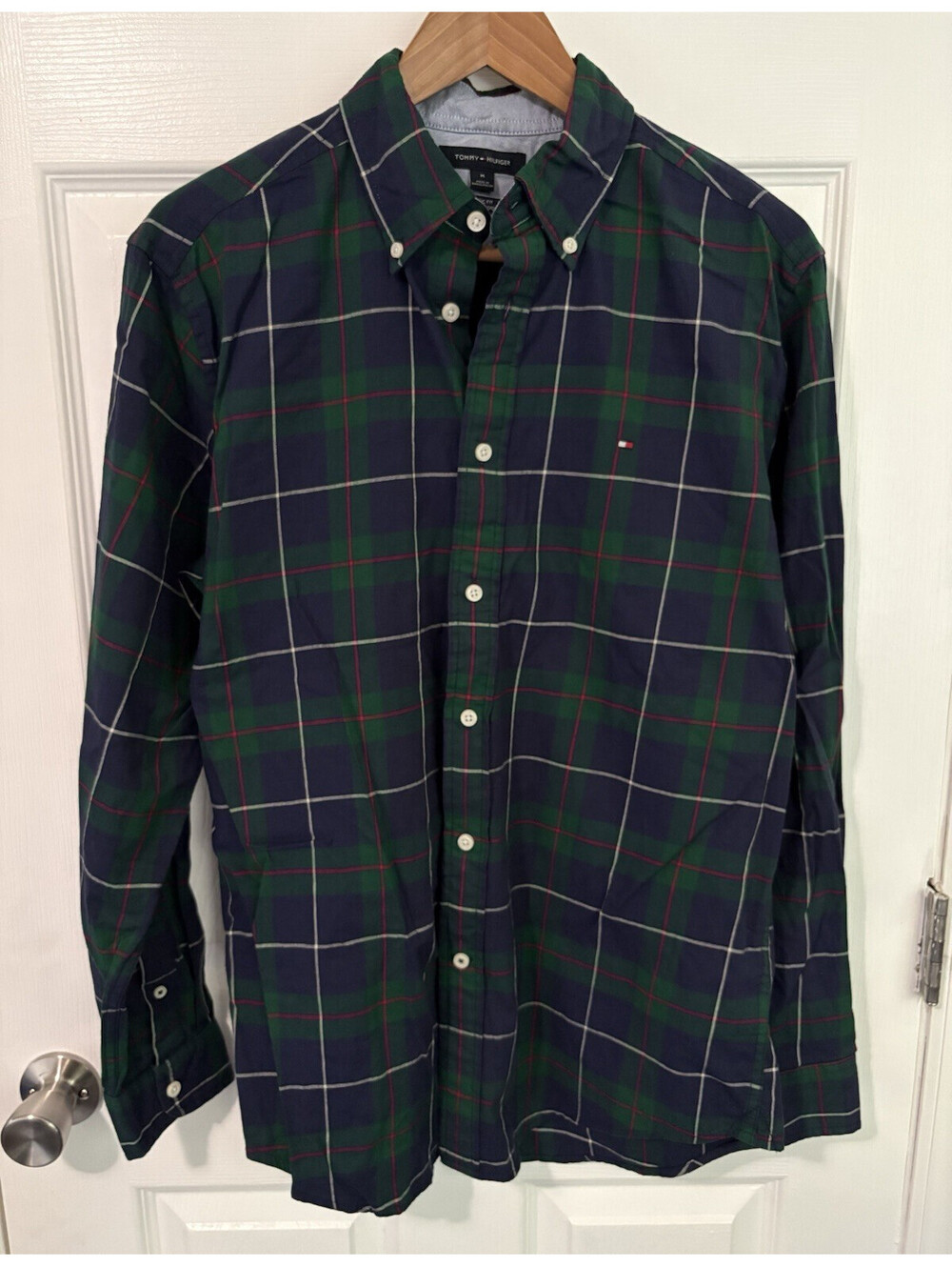 Tommy Hilfiger Classic Fit M Green/Blue Plaid Cotton Button-Down Shirt M